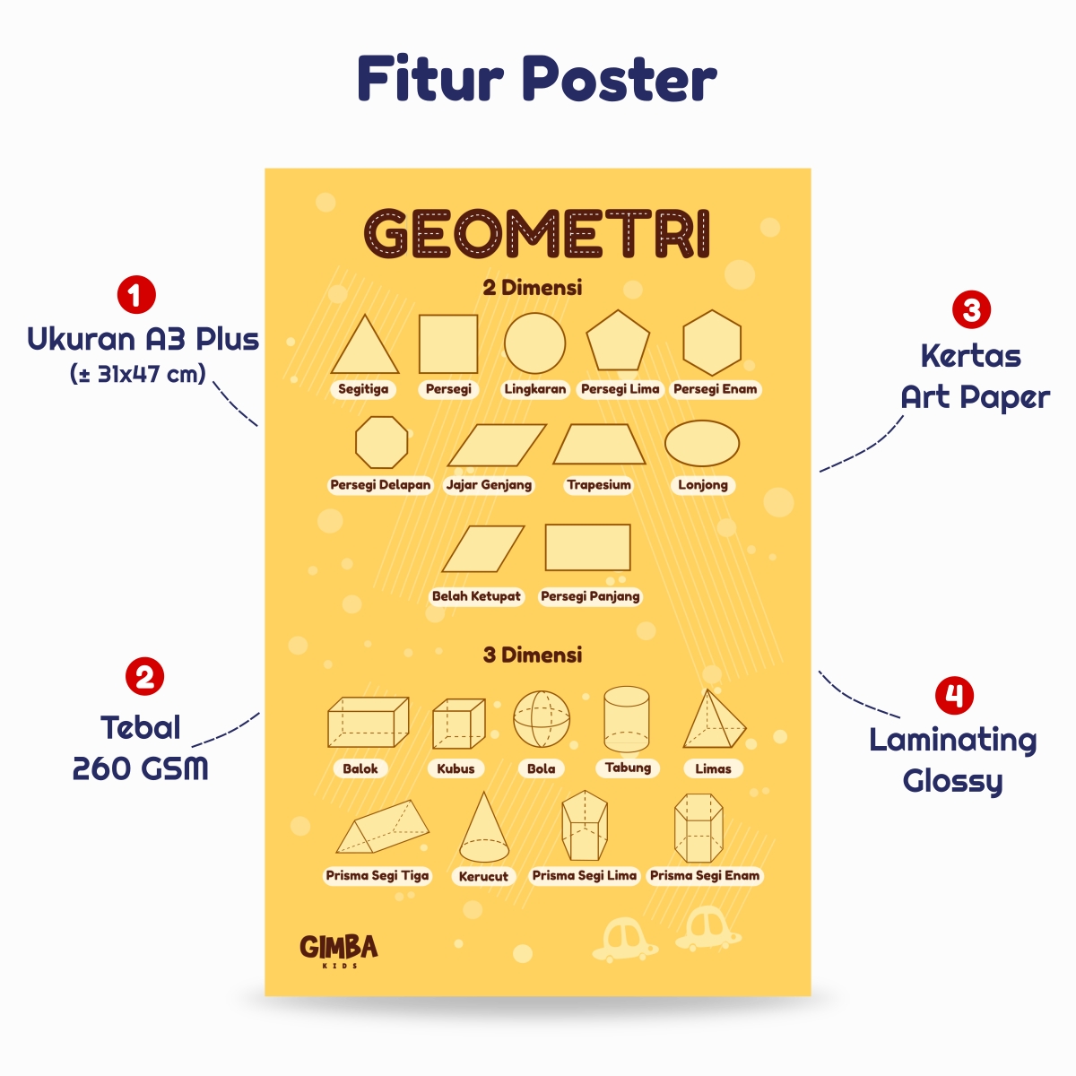 Poster Geometri 2 Dimensi dan 3 Dimensi - Gimba Kids